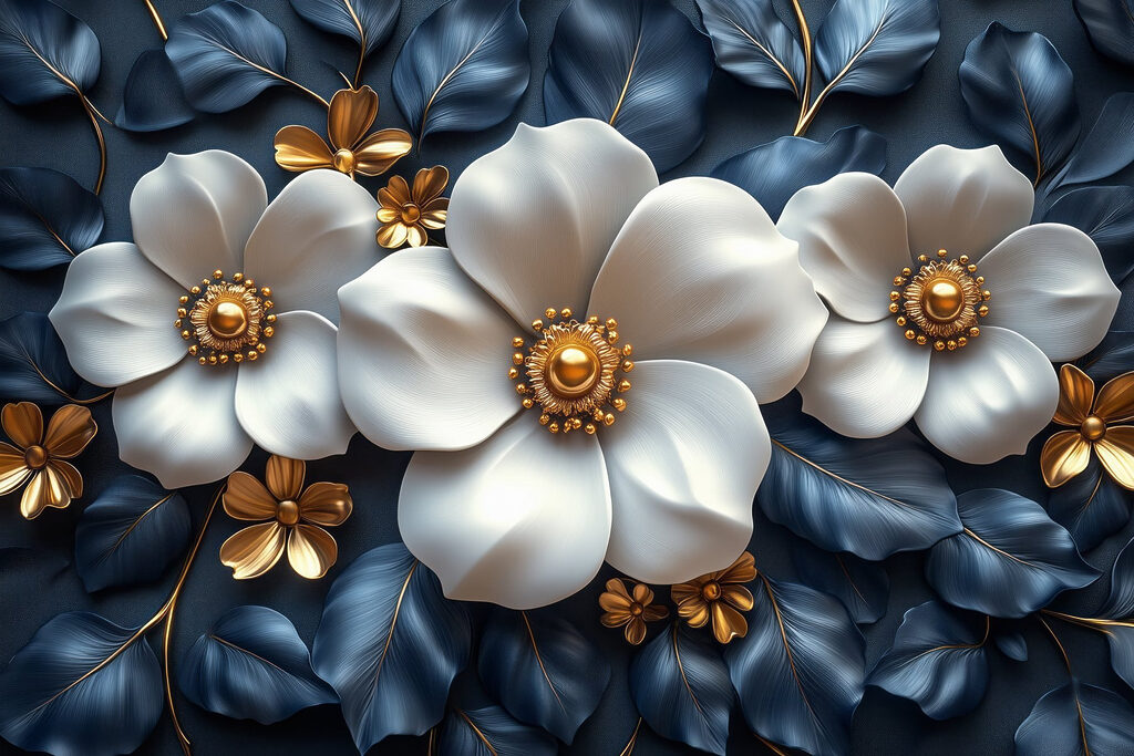 Witte bloemen op nachtblauw — volledig ontwerp