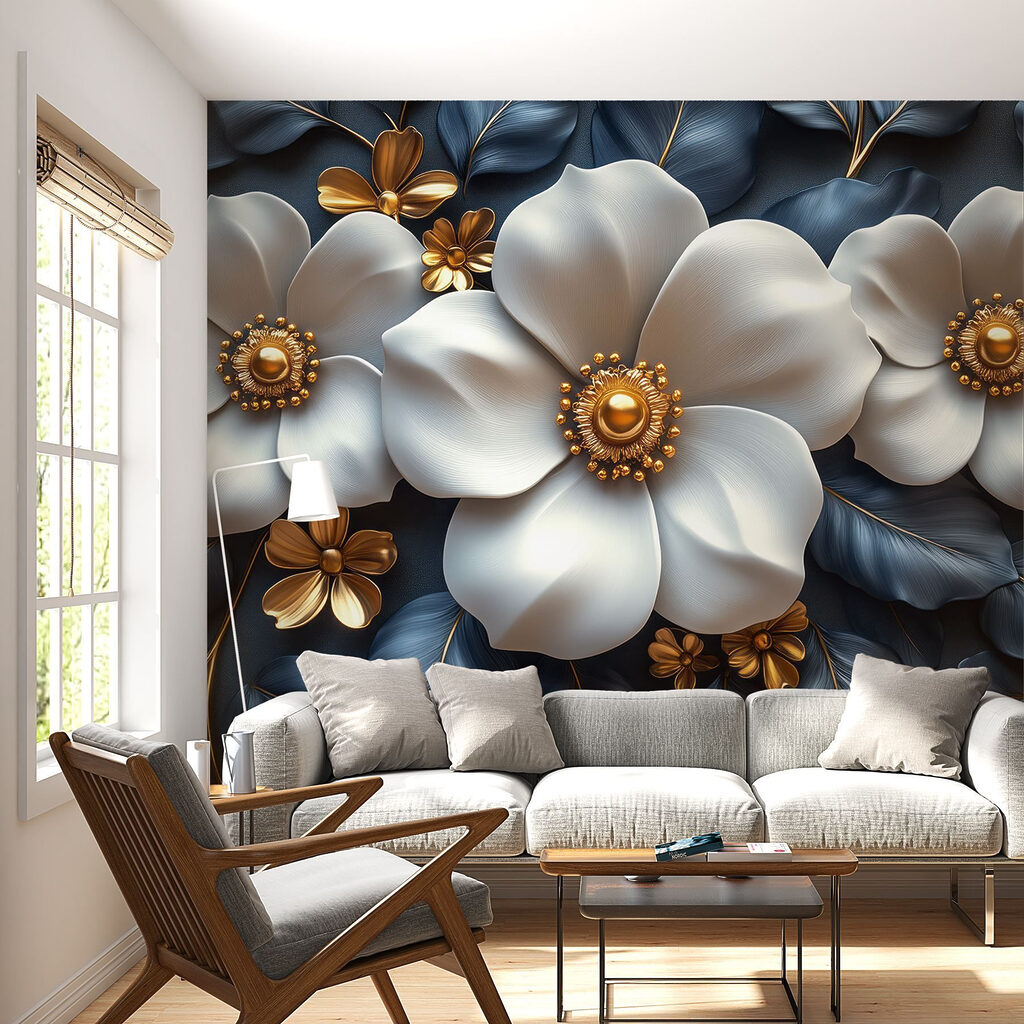 Witte bloemen op nachtblauw — interieur 1