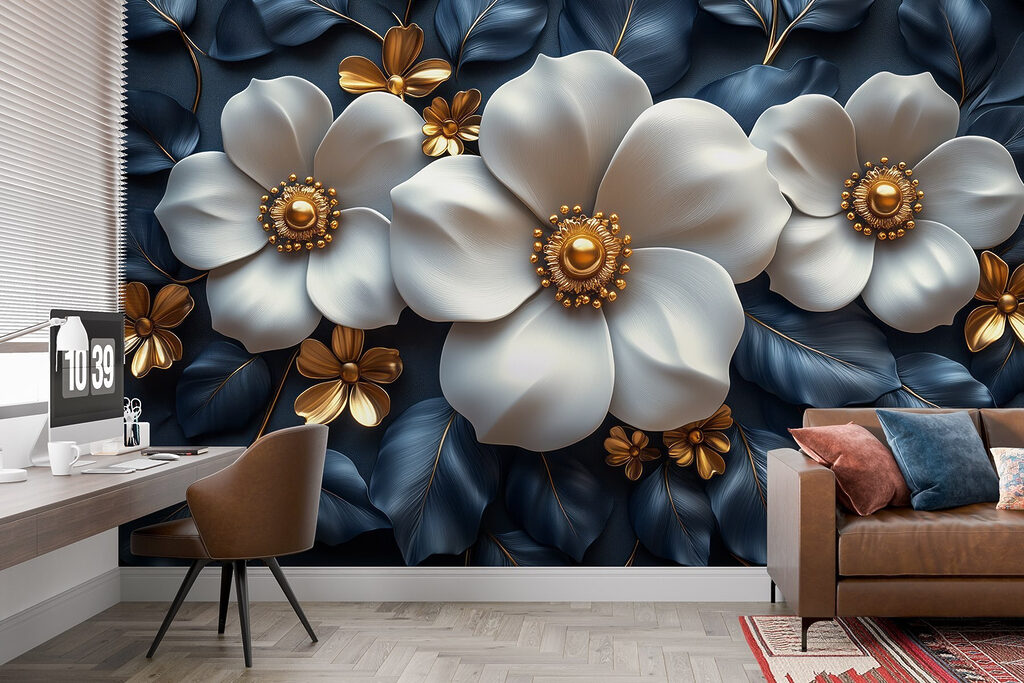Witte bloemen op nachtblauw — interieur 2