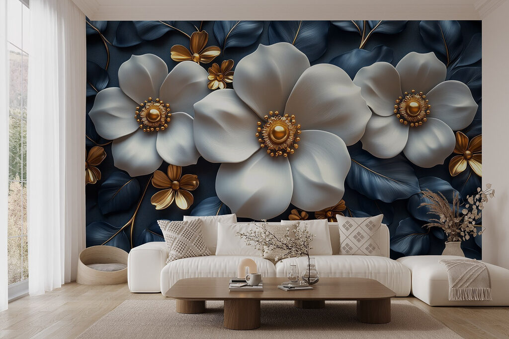 Witte bloemen op nachtblauw — interieur 3