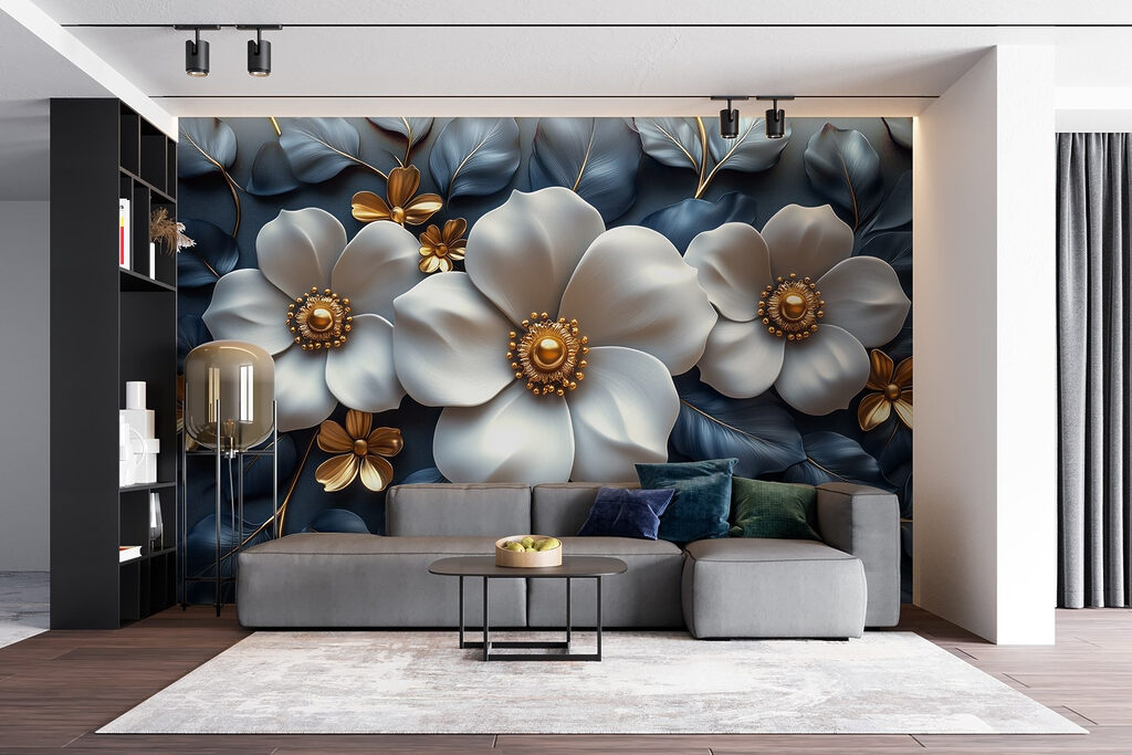 Witte bloemen op nachtblauw — interieur 4