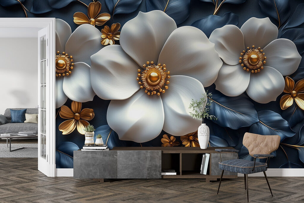 Witte bloemen op nachtblauw — interieur 5