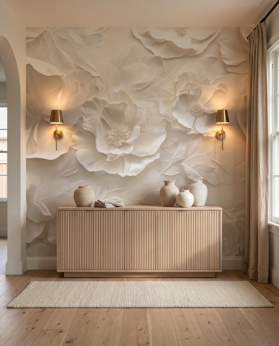 Roomwitte bloemen in golven in een interieur