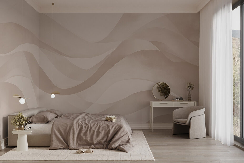 Witte en roze achtergrond met golvende lijnen in een interieur