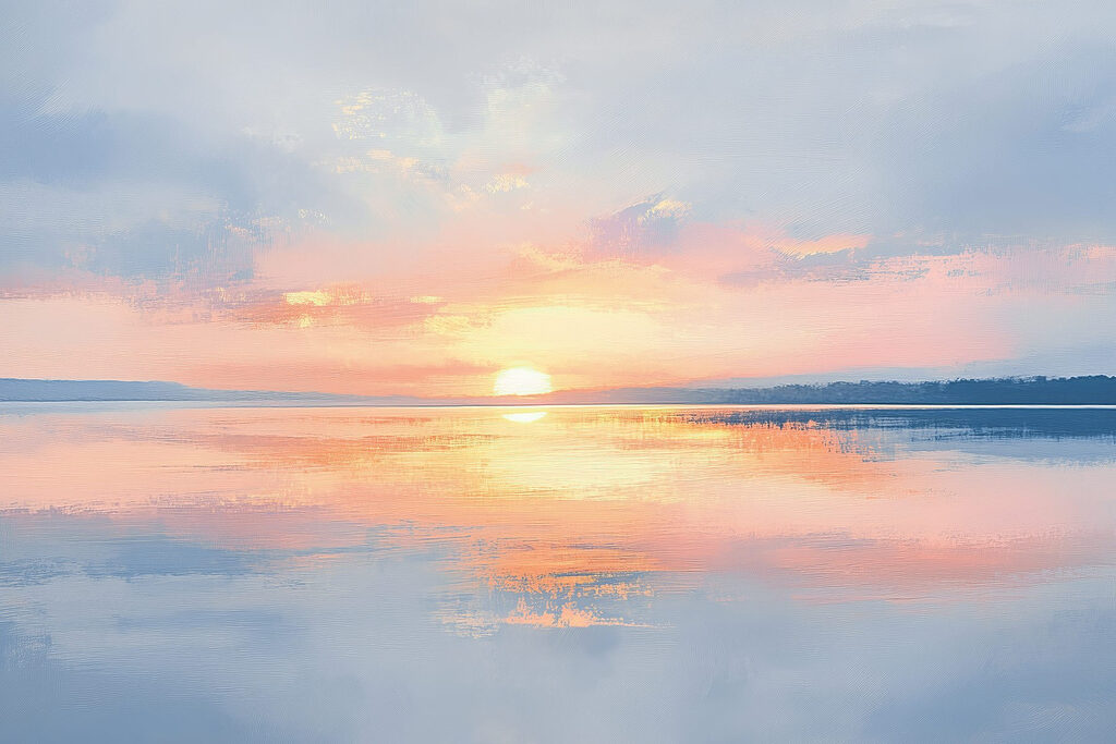 Avondzon op een spiegelmeer — volledig ontwerp