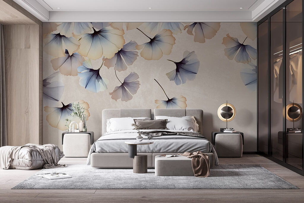 Blauwe ginkgowaaiers dwarrelen neer — interieur 2