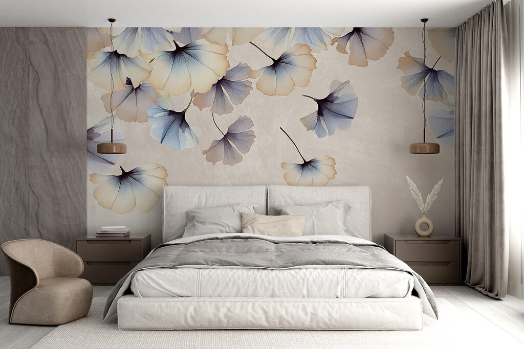 Blauwe ginkgowaaiers dwarrelen neer — interieur 4