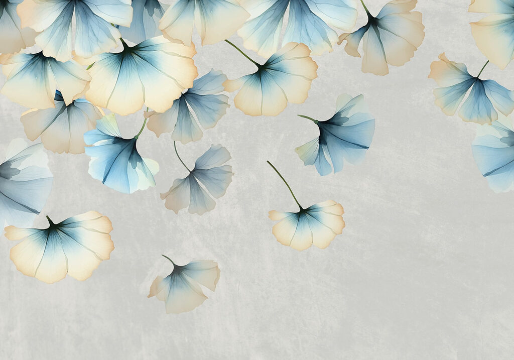 Blauwe waaiertjes aan takken — volledig ontwerp