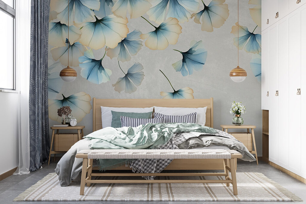 Groep bloemen vliegend in de lucht in een interieur