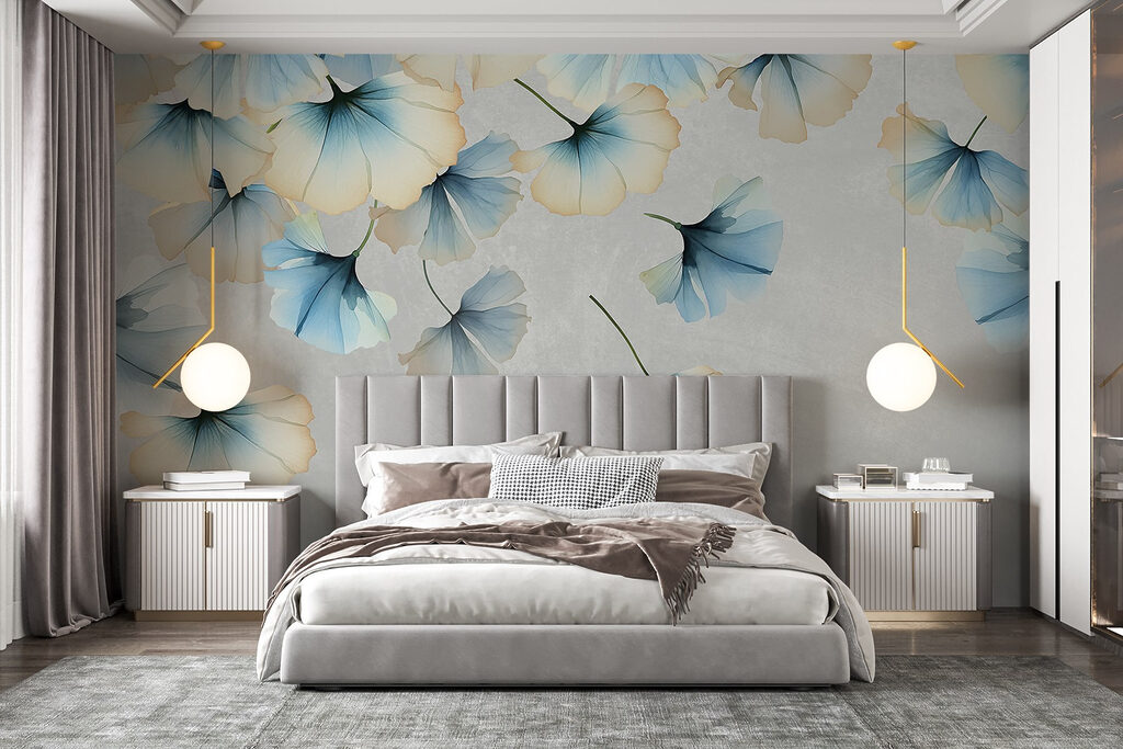 Blauwe waaiertjes aan takken — interieur 2