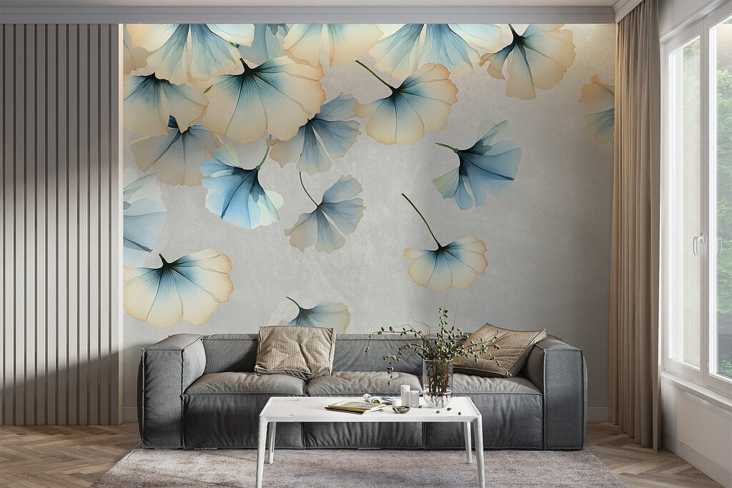 Blauwe waaiertjes aan takken — interieur 3