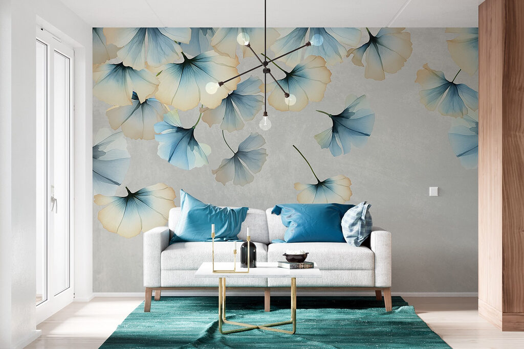 Blauwe waaiertjes aan takken — interieur 4