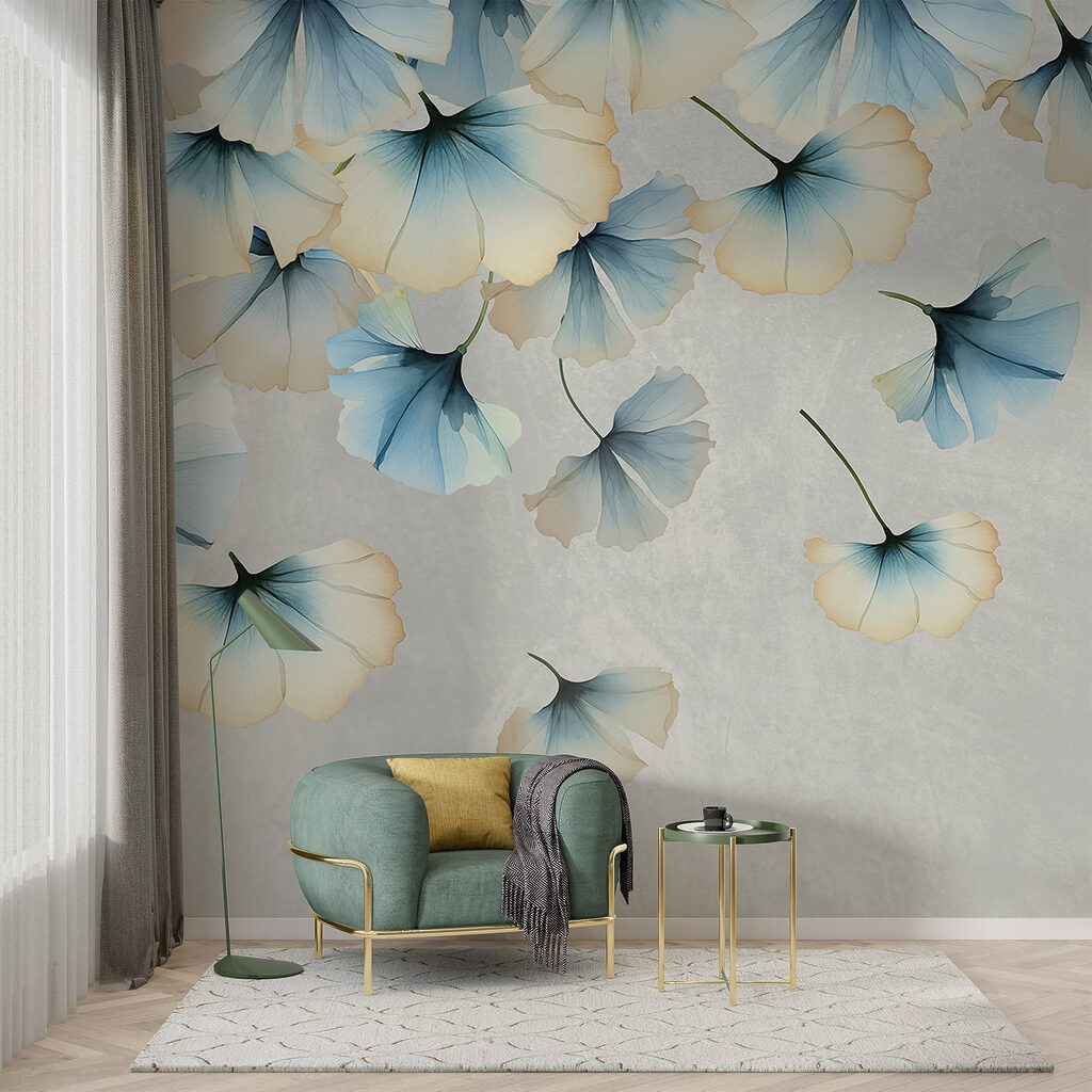 Blauwe waaiertjes aan takken — interieur 5