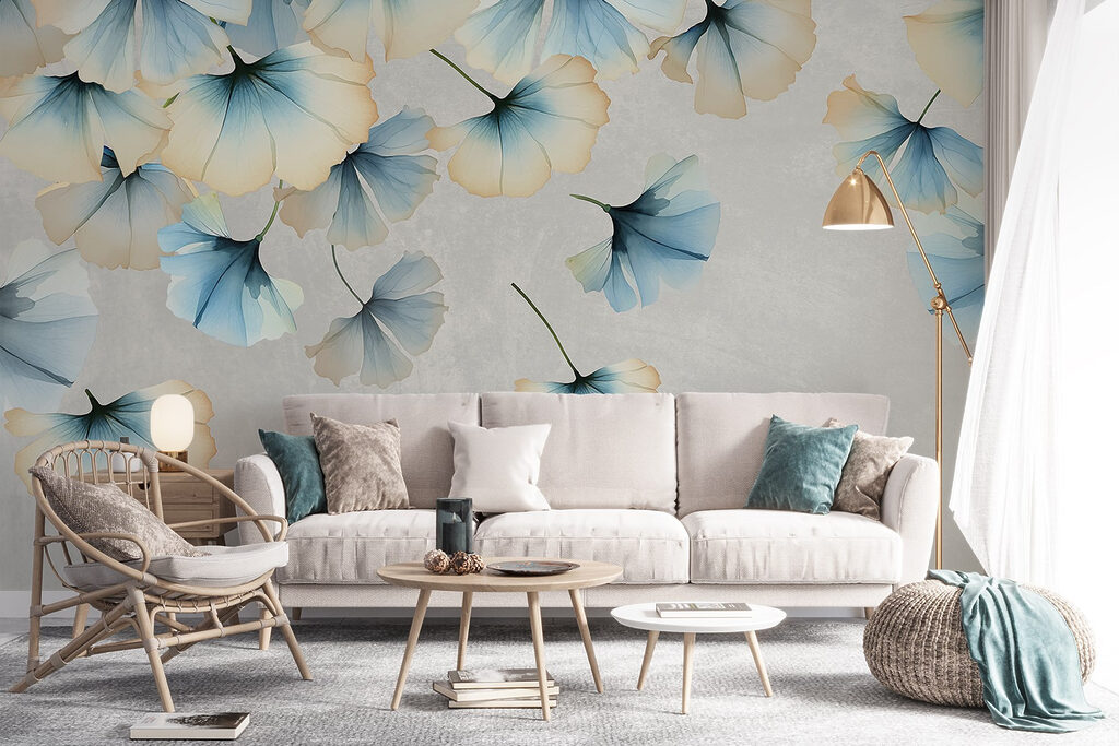 Blauwe waaiertjes aan takken — interieur 6