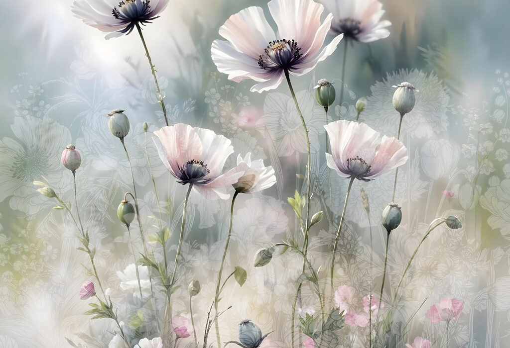 Witte bloemen in ochtendmist — volledig ontwerp