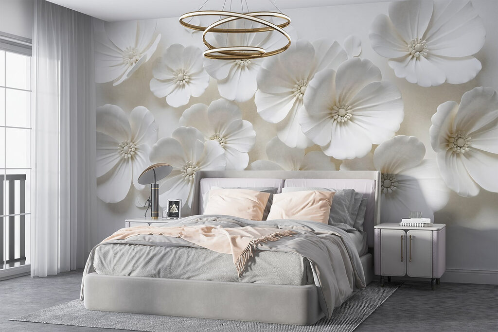 Witte bloemen in wandreliëf — interieur 3