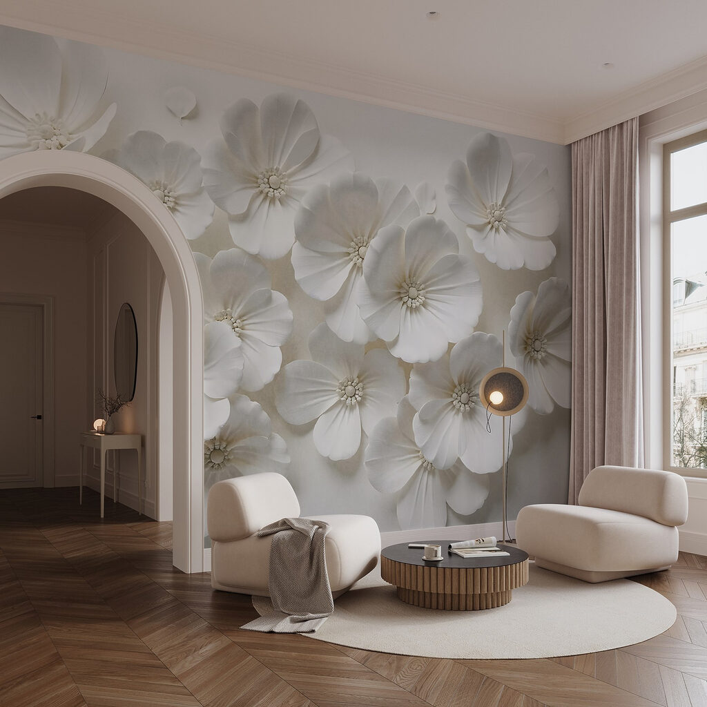 Witte bloemen in wandreliëf — interieur 4