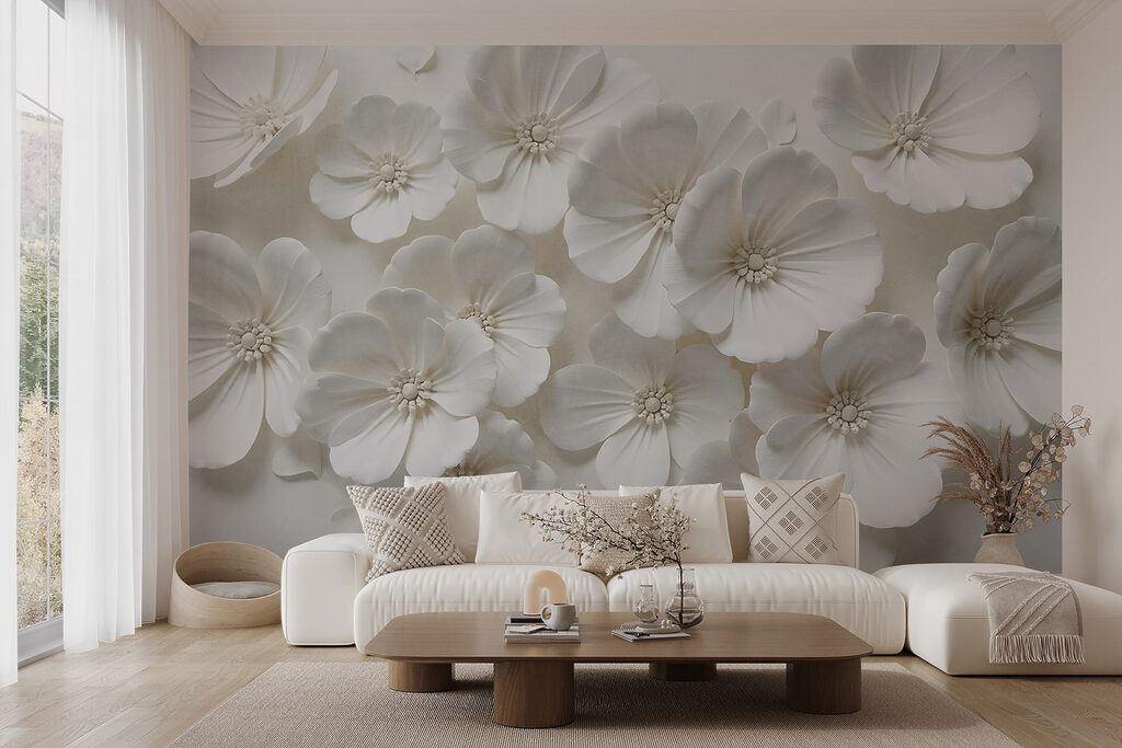 Witte bloemen in wandreliëf — interieur 5