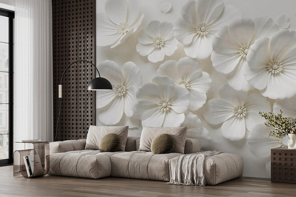 Witte bloemen in wandreliëf — interieur 6