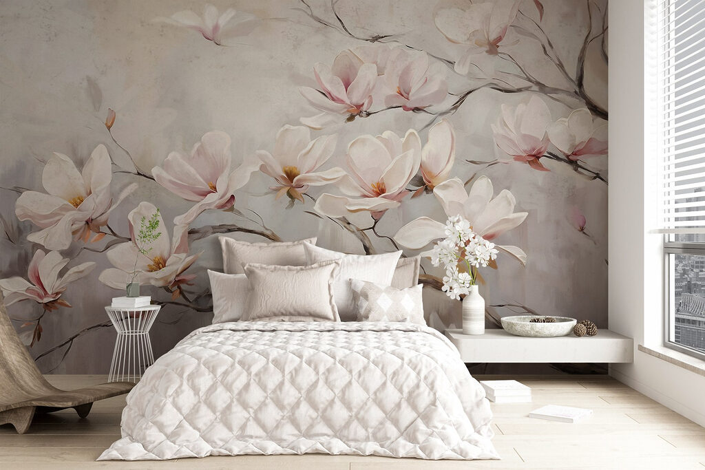 Schilderij van bloemen op een tak in een interieur