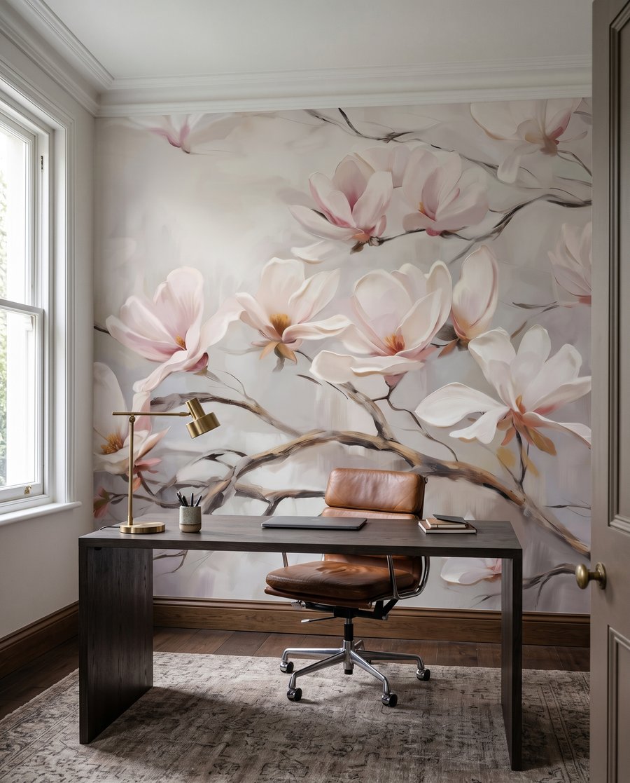 Witte bloemen aan takken in een interieur