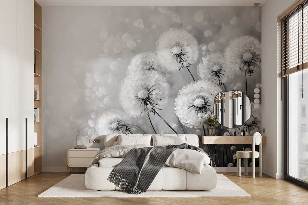 Groep paardenbloemen in zwart-wit in een interieur