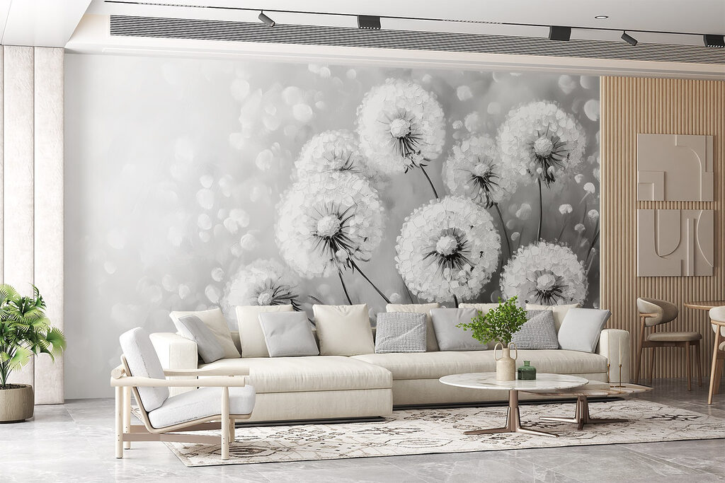 Groep paardenbloemen in zwart-wit — interieur 2