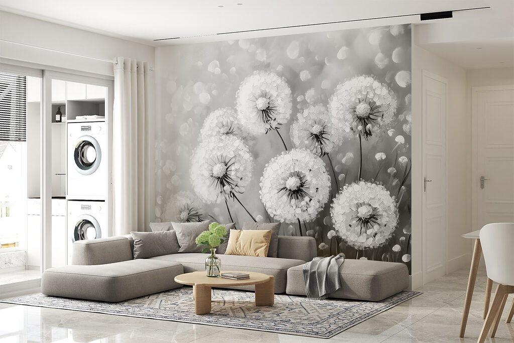 Groep paardenbloemen in zwart-wit — interieur 3