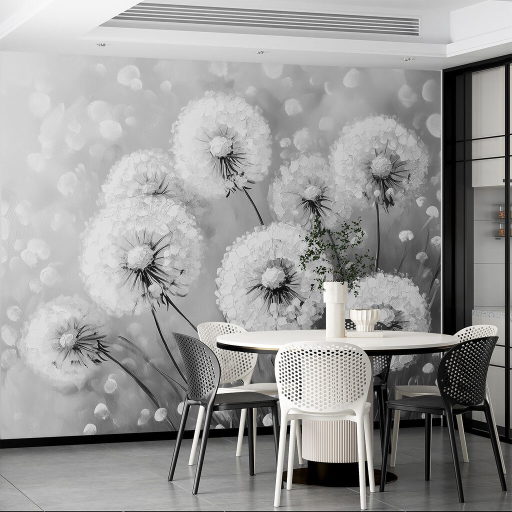 Groep paardenbloemen in zwart-wit — interieur 4
