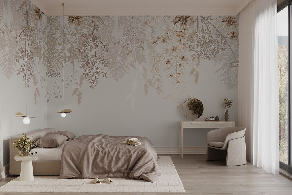 Fijne bloemenslierten in zandtinten — interieur 3