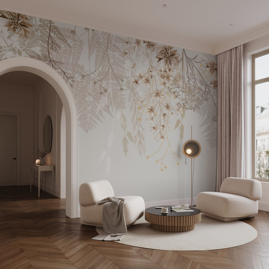Fijne bloemenslierten in zandtinten — interieur 5
