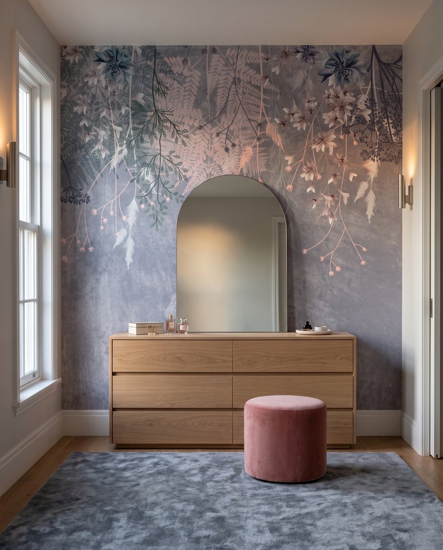 Roze hangbloemen op blauwgrijs — interieur 2