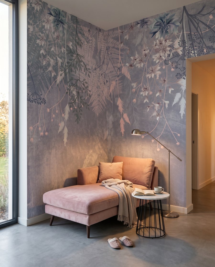 Roze hangbloemen op blauwgrijs — interieur 3