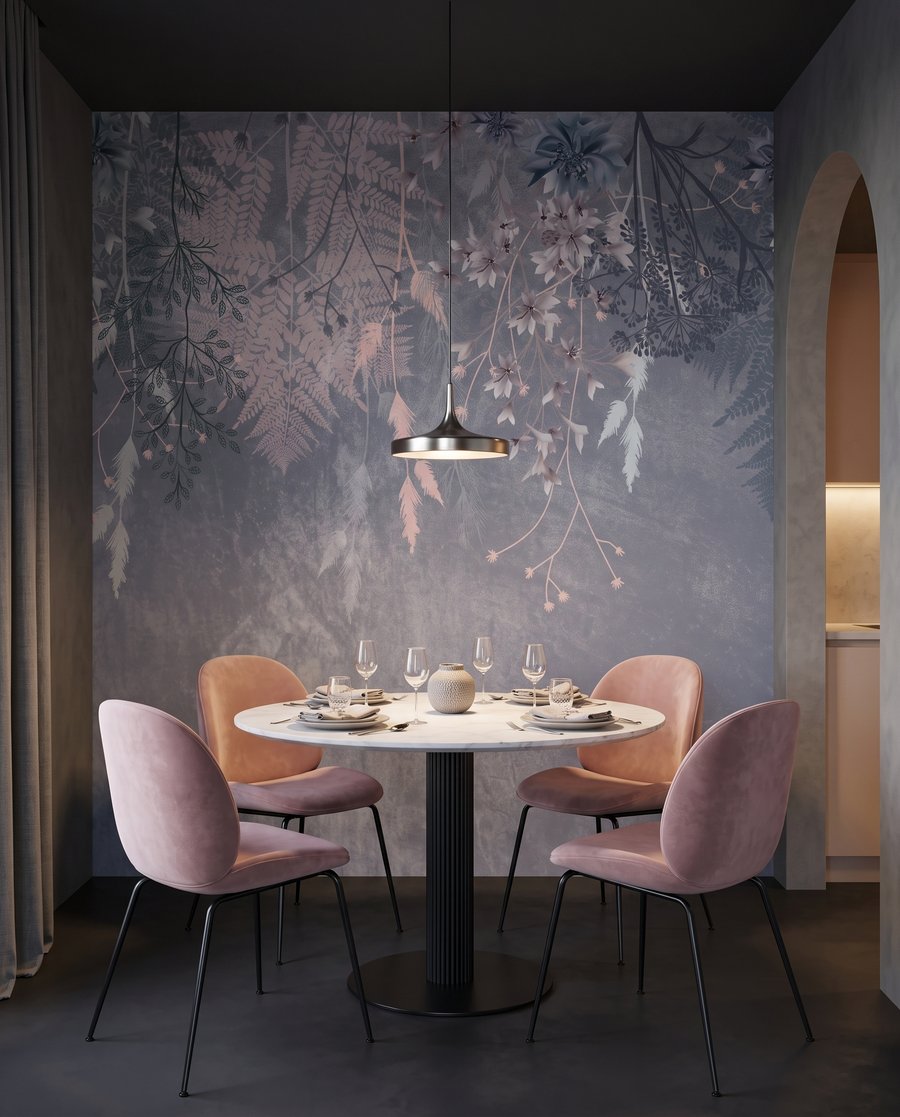 Roze hangbloemen op blauwgrijs — interieur 5