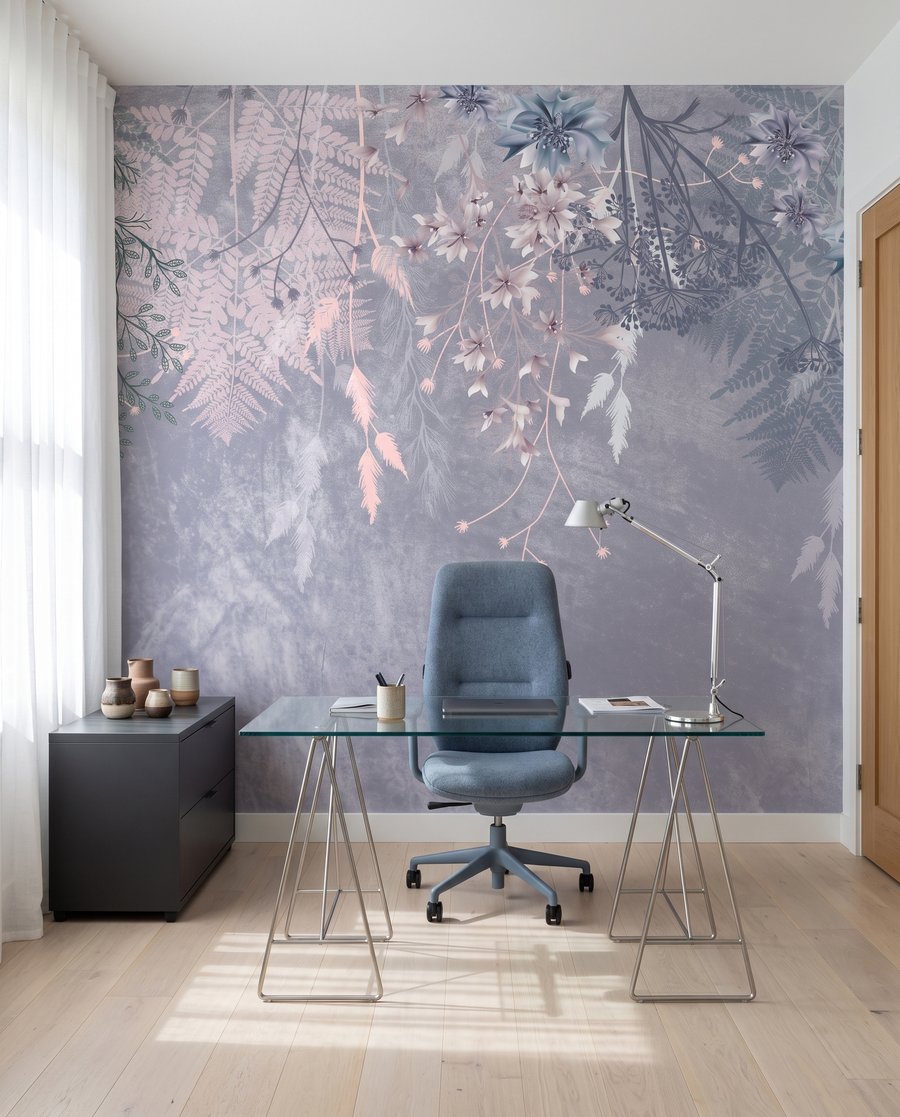 Roze hangbloemen op blauwgrijs — interieur 6