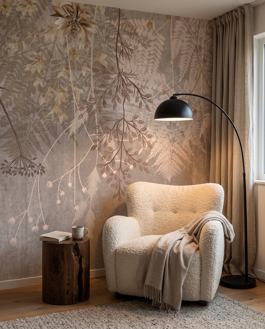 Bloemenslierten over verweerd beige in een interieur