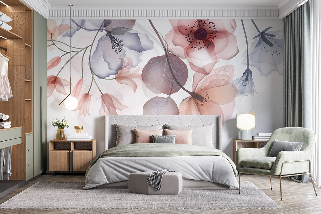 Pastelbloemen langs donkere taklijnen — interieur 1