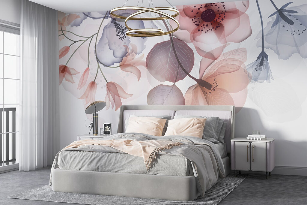 Pastelbloemen langs donkere taklijnen — interieur 3