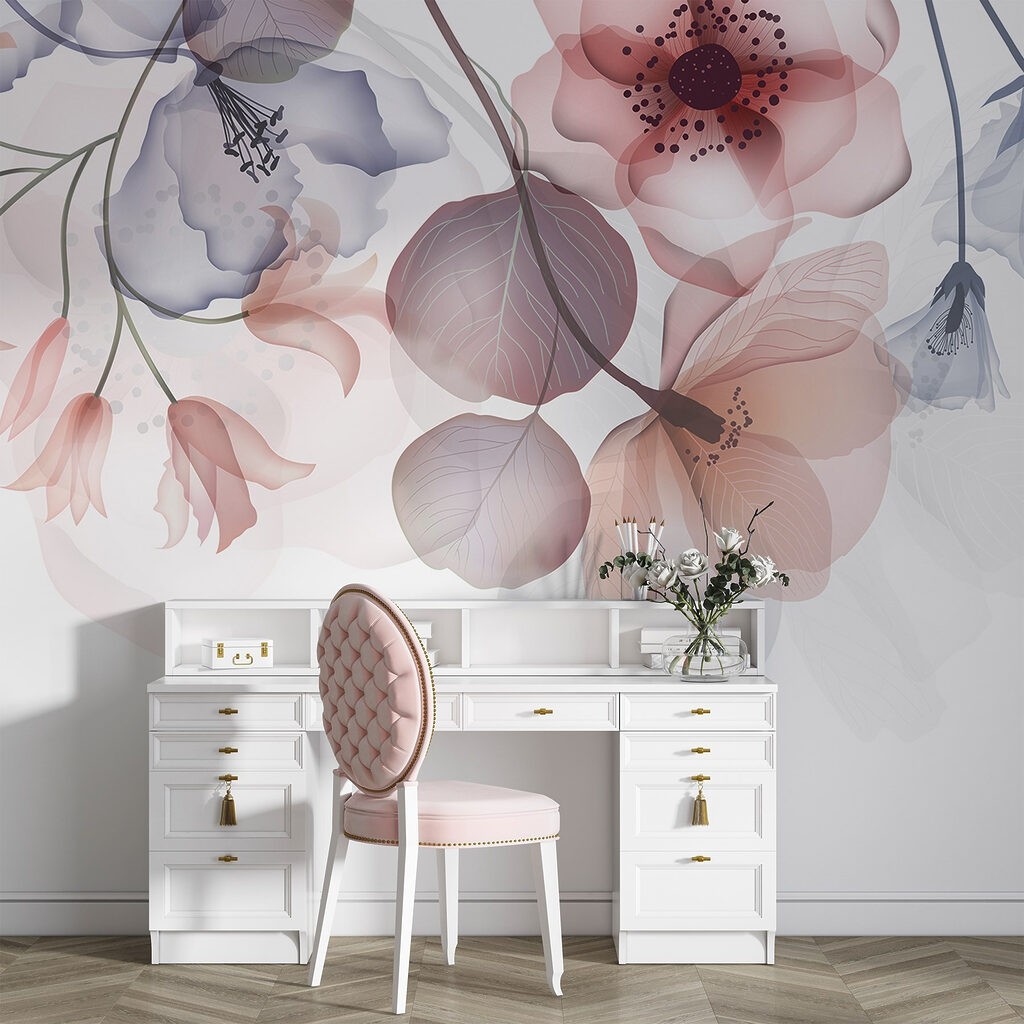 Pastelbloemen langs donkere taklijnen — interieur 4