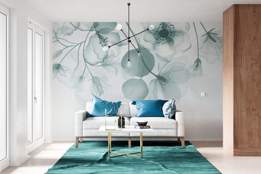 Transparante bloemen met bladeren in een interieur