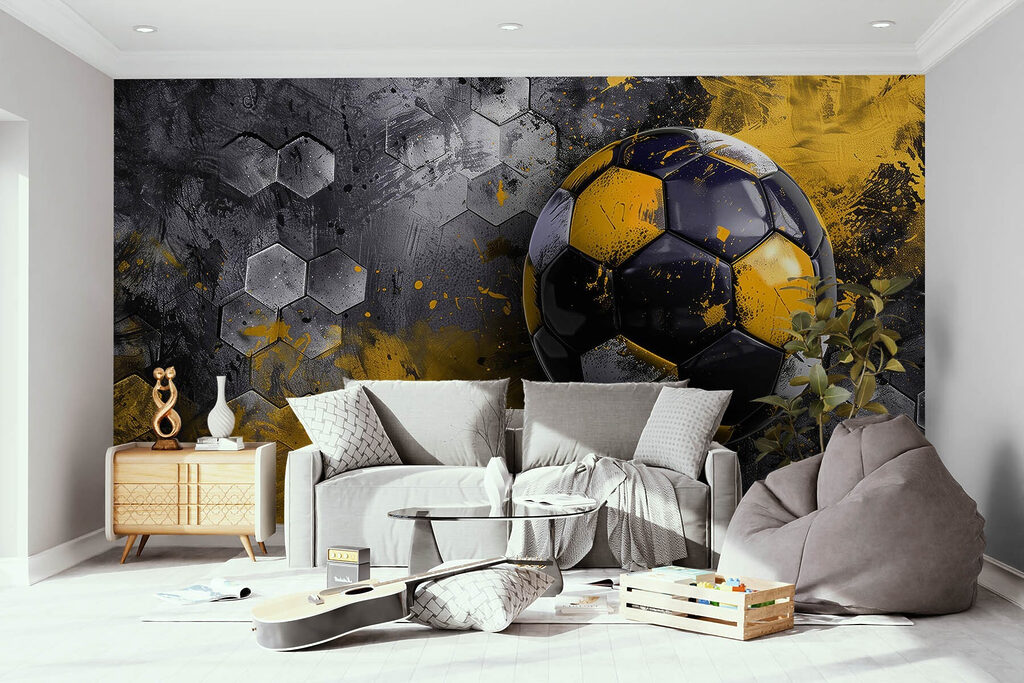 Dynamische voetbal op een artistieke achtergrond in een interieur