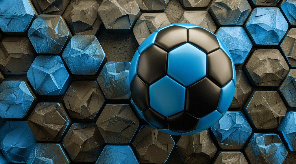 Blauwe voetbal tussen zeshoeken — volledig ontwerp