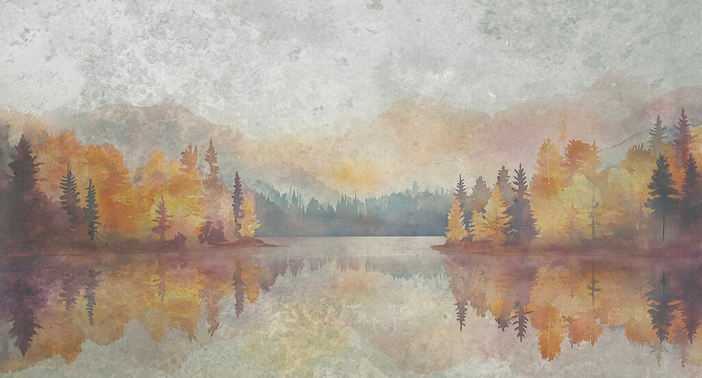 Herfstbos weerspiegelt in water — volledig ontwerp