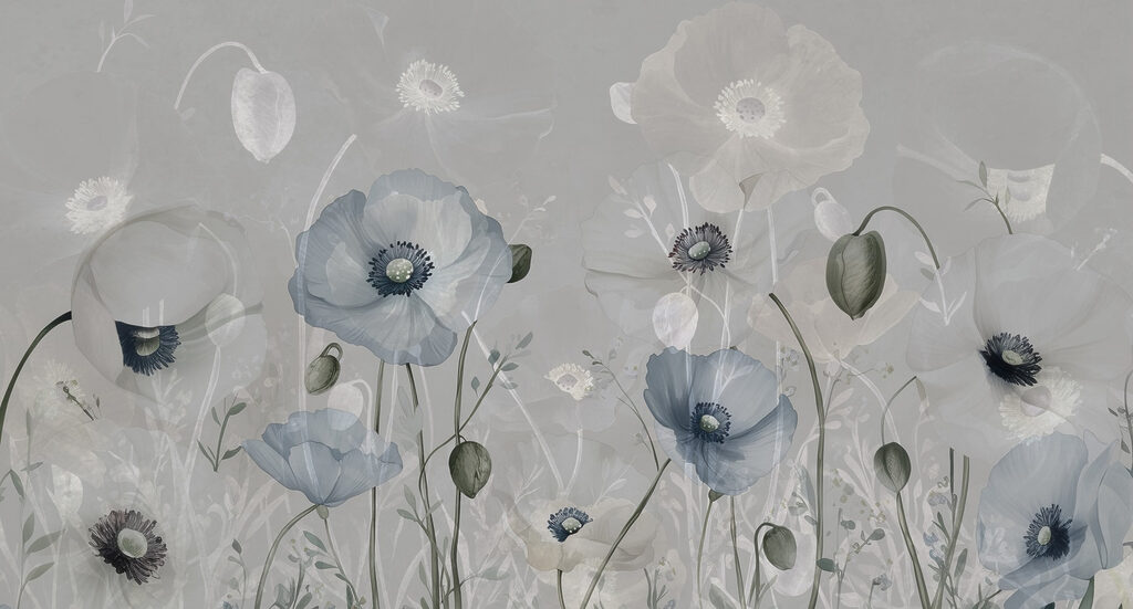 Witte bloemen in grijsnevel — volledig ontwerp