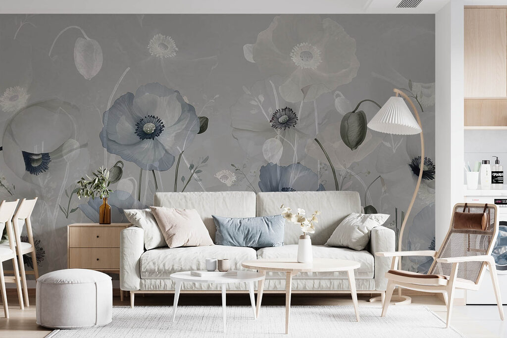 Witte bloemen in grijsnevel — interieur 1