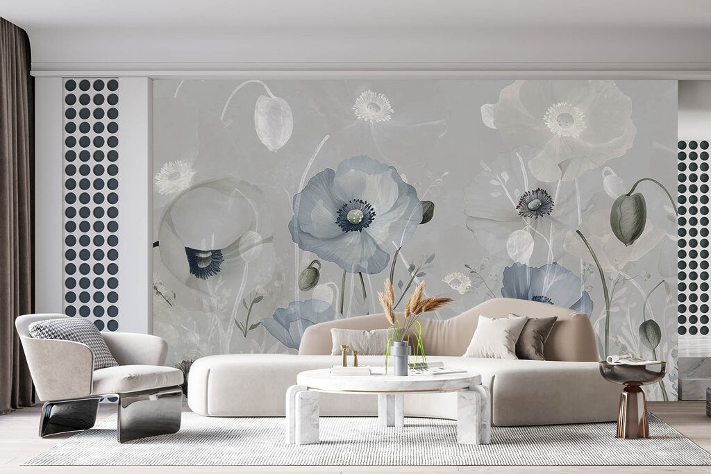 Witte bloemen in grijsnevel — interieur 2