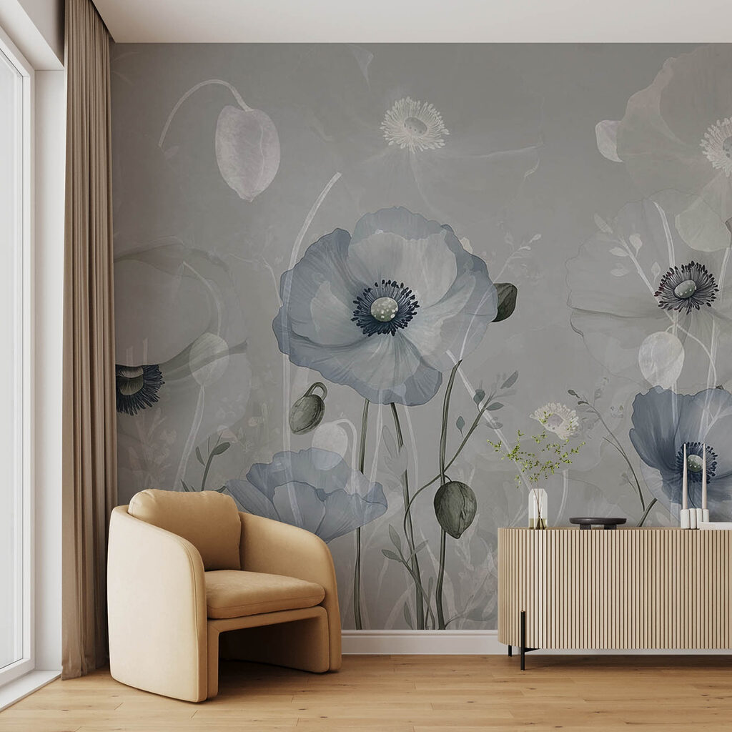 Witte bloemen in grijsnevel — interieur 3