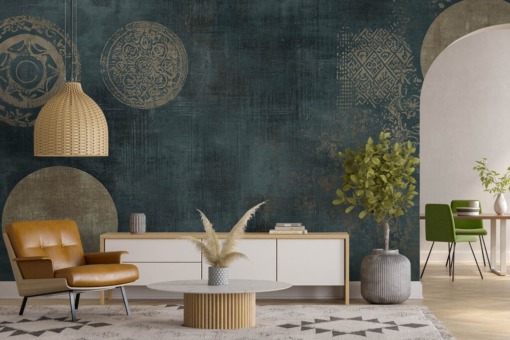 Gouden sierkringen op petrol — interieur 2