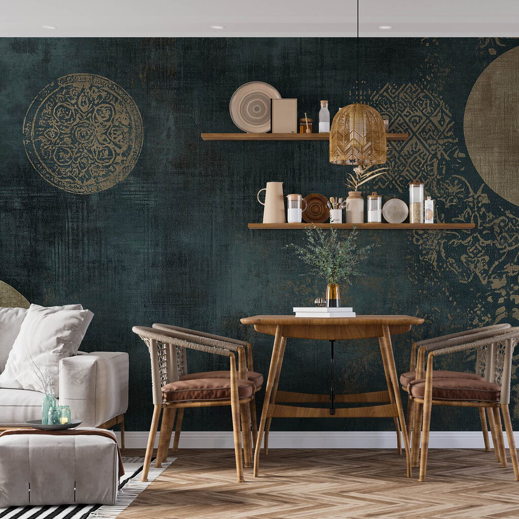 Gouden sierkringen op petrol — interieur 3