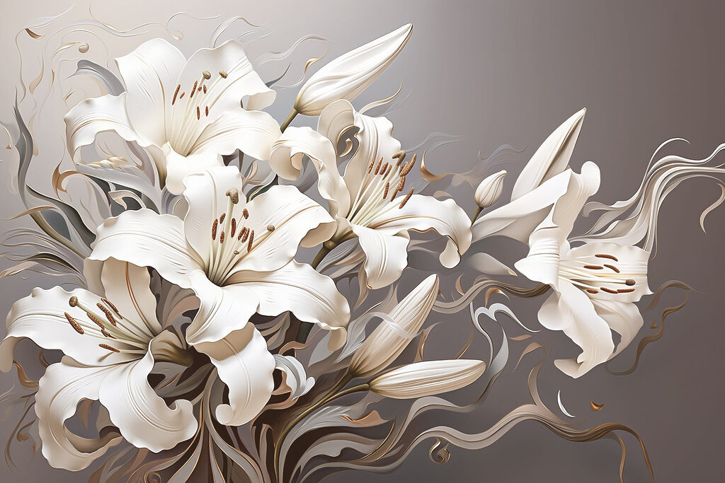 Witte lelies in golflijnen — volledig ontwerp